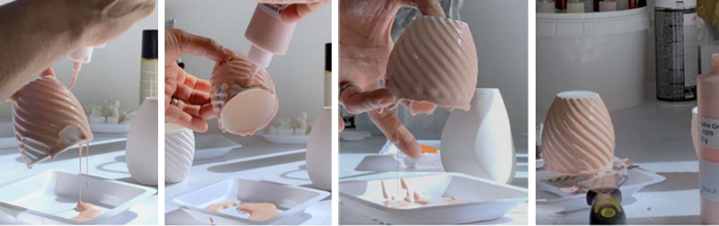 The printed porcelain pieces can be glazed through immersion or colored